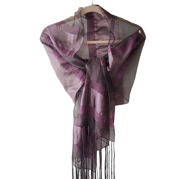 Large Mauve Taffeta Sheer Scarf Shawl With Stripes & Long Fringe - Picture 1 of 6